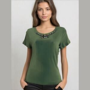 J Crew Olive Rhinestone Collar Embellished Short Sleeve Scoop Neck Fitted Tee M